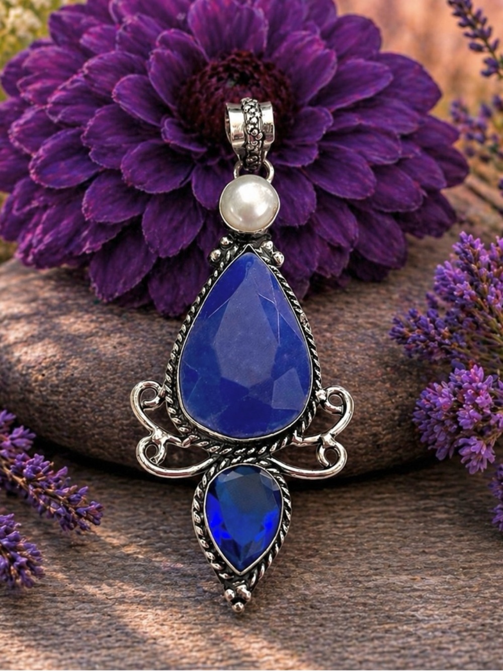 Pearl & Burmese Blue Sapphire Silver Gemstone 3” Pendant